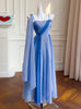 Blue Chiffon Spaghetti Straps Pleats Prom Dress