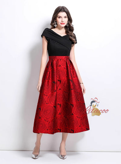 Off the Shoulder Stitching Jacquard Dress
