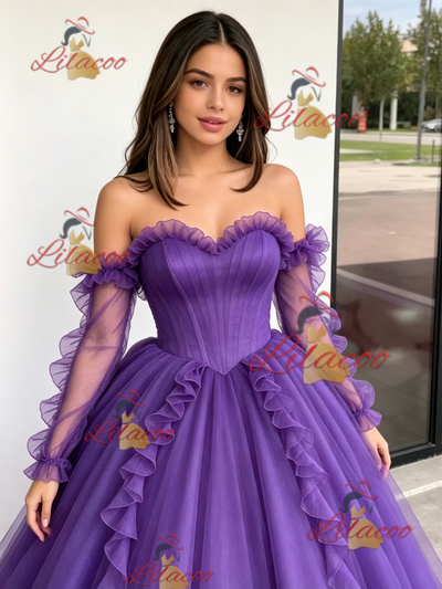 Purple Tulle Strapless Pleats Quinceanera Dress
