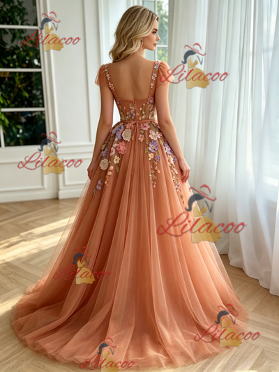Fashion Tulle Straps Appliques Prom Dress