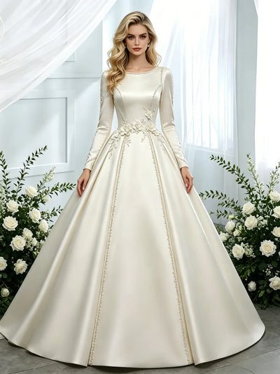 Ivory Satin Long Sleeve Flower Wedding Dress