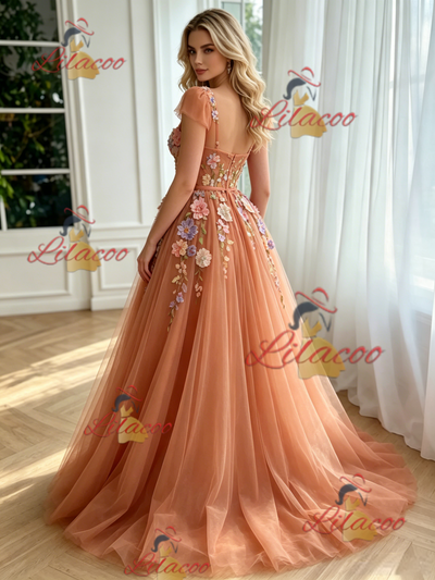 Fashion Tulle Straps Appliques Prom Dress