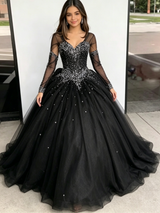 Black Tulle V-neck Beading Quinceanera Dress