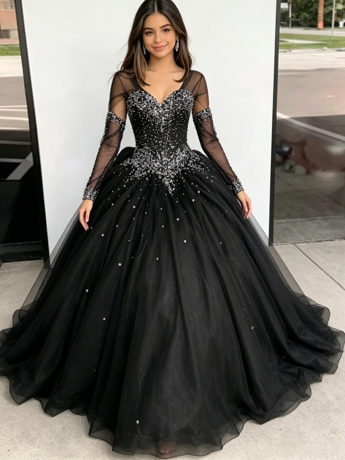 Black Tulle V-neck Beading Quinceanera Dress