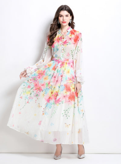 Lantern Sleeve Printed Chiffon Shirt+Skirt Suit