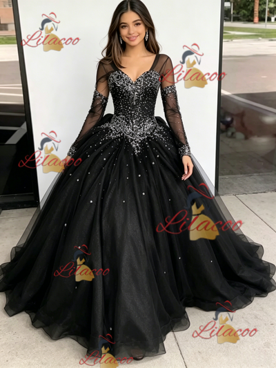 Black Tulle V-neck Beading Quinceanera Dress