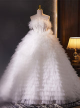White Tulle Tiers Strapless Wedding Dress