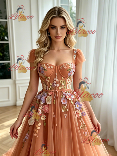 Fashion Tulle Straps Appliques Prom Dress