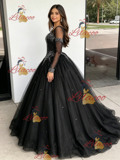 Black Tulle V-neck Beading Quinceanera Dress