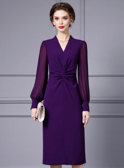 Purple V-neck Pleats Mother Of The Bride Dress