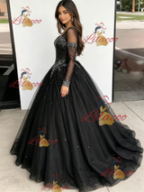 Black Tulle V-neck Beading Quinceanera Dress