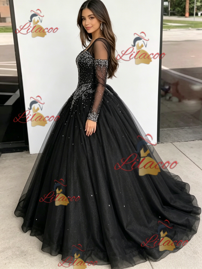 Black Tulle V-neck Beading Quinceanera Dress