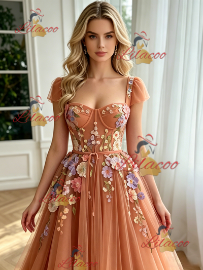 Fashion Tulle Straps Appliques Prom Dress