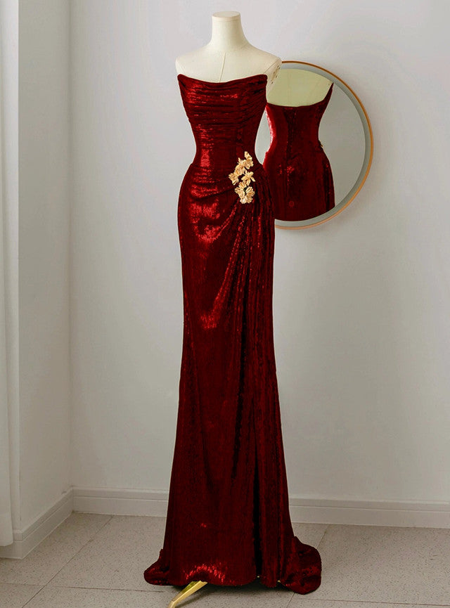 Burgundy Mermaid Sequins Pleats Prom Dress