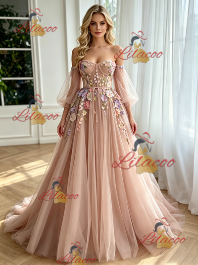 Pink Tulle Long Sleeve Appliques Prom Dress