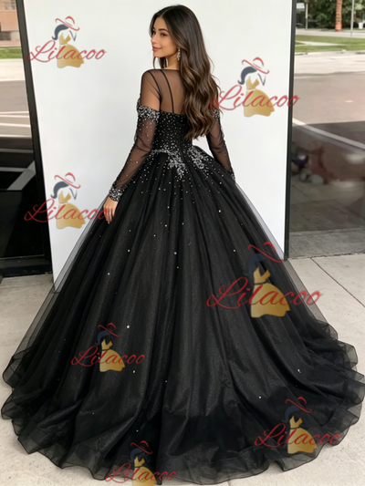 Black Tulle V-neck Beading Quinceanera Dress