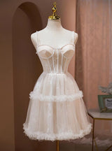Ivory Tulle Straps Lace Pearls Homecoming Dress