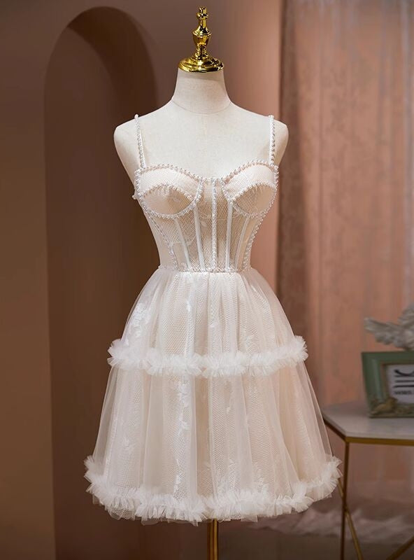 Ivory Tulle Straps Lace Pearls Homecoming Dress