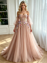 Pink Tulle Long Sleeve Appliques Prom Dress
