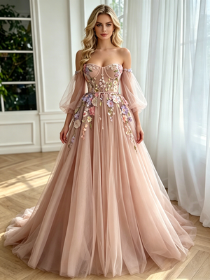 Pink Tulle Long Sleeve Appliques Prom Dress
