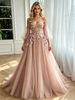 Pink Tulle Long Sleeve Appliques Prom Dress