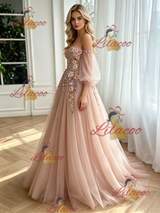 Pink Tulle Long Sleeve Appliques Prom Dress