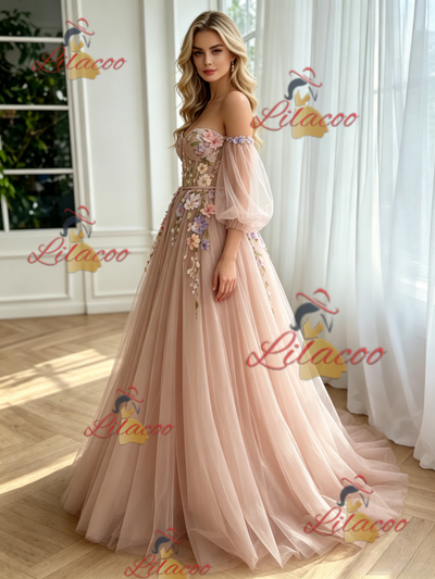 Pink Tulle Long Sleeve Appliques Prom Dress