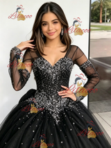Black Tulle V-neck Beading Quinceanera Dress