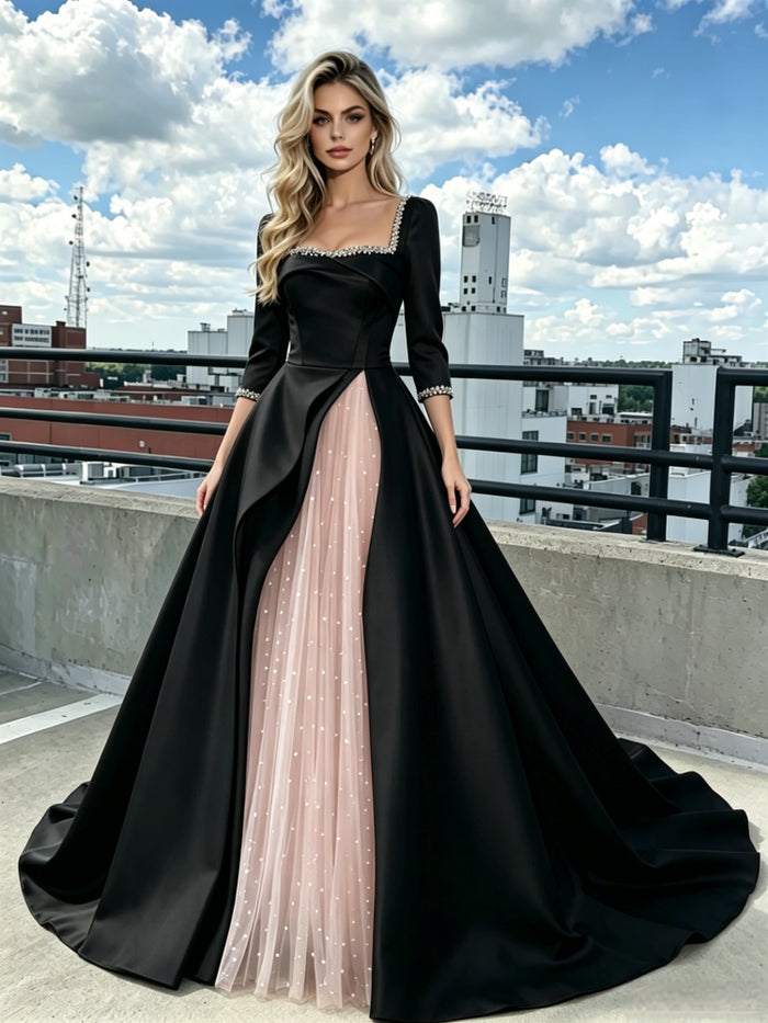 Black Satin Pink Tulle Long Sleeve Prom Dress