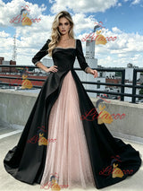 Black Satin Pink Tulle Long Sleeve Prom Dress