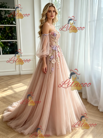 Pink Tulle Long Sleeve Appliques Prom Dress