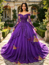 Purple Tulle Off the Shoulder Appliques Quinceanera Dress