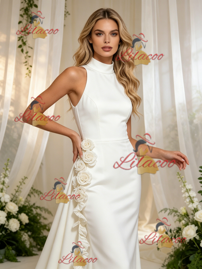 White Sheath Satin High Neck Flower Wedding Dress