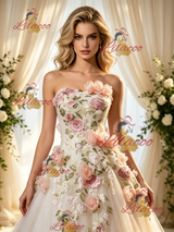 Ivory Tulle Strapless Appliques Wedding Dress