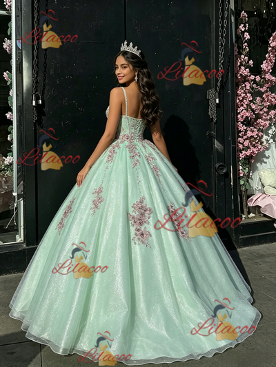 Green Tulle Spaghetti Straps Appliques Quinceanera Dress