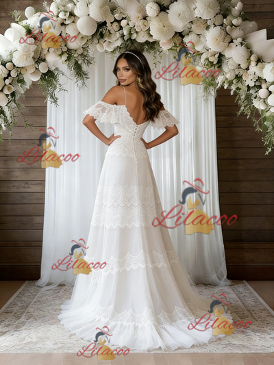 White Lace V-neck Wedding Dress
