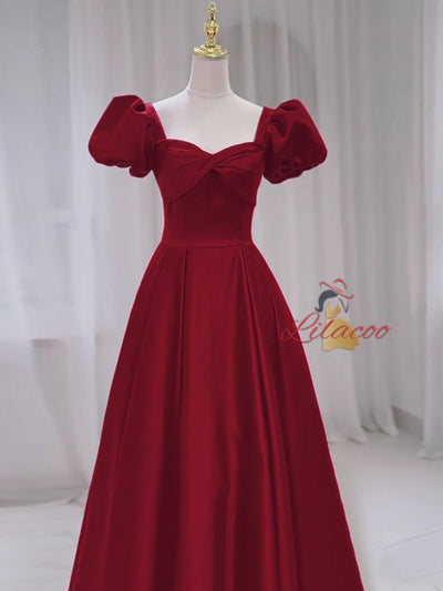 Burgundy Satin Puff Sleeve Pleats Prom Dress