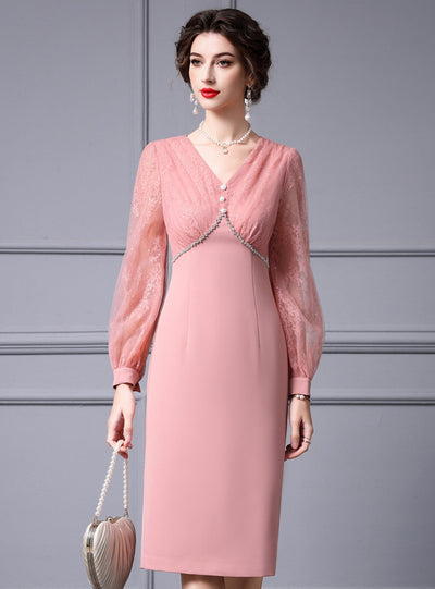 Pink Long Sleeve Lace Mother Of The Bride Dress