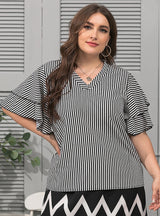 V-neck Lotus Leaf Sleeve Striped T-shirt Top