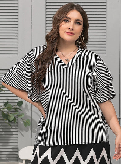 V-neck Lotus Leaf Sleeve Striped T-shirt Top