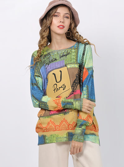 Loose Long-sleeved Round Neck Animal Prints Sweater