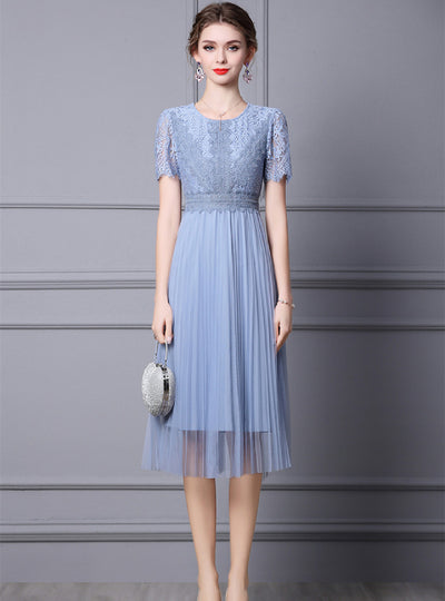 Blue Lace Short Sleeve Mother Of The Bride Dress