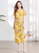 V-neck Bubble Sleeve Slim Three-dimensional Flower Dress