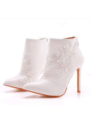 Thin-heeled Pointed Lace Wedding Boots