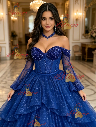 Blue Long Sleeve Sequins Beading Quinceanera Dress