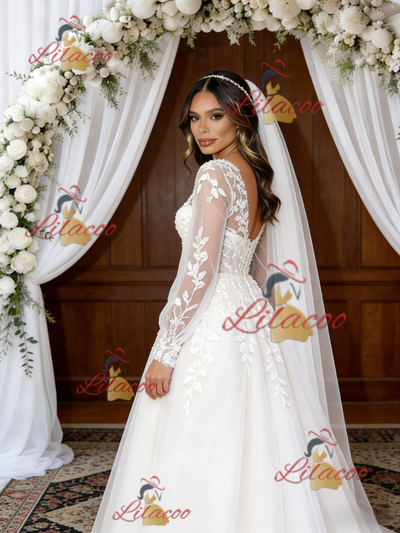 White Tulle Appliques Long Sleeve V-neck Wedding Dress