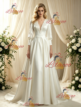 Ivory Satin Long Sleeve Backless Lace Wedding Dress