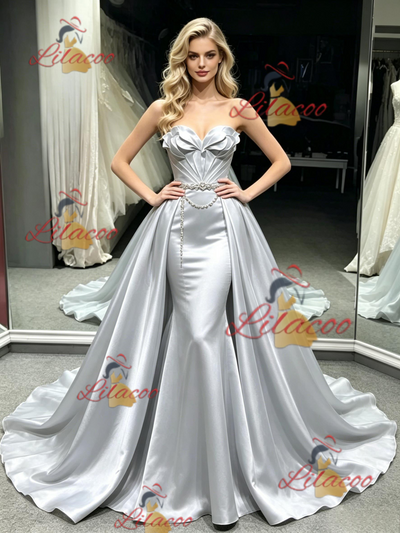 Silver Satin Strapless Pleats Prom Dress