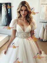 White Tulle V-neck Puff Sleeve Wedding Dress