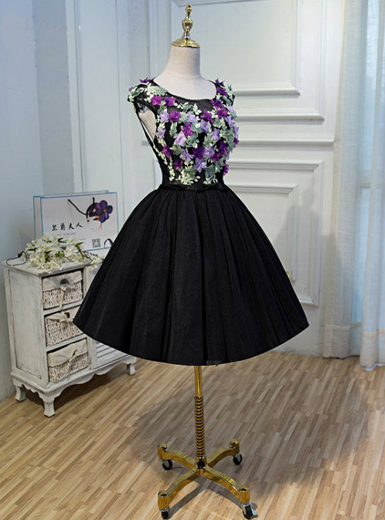 Black Tulle Backless 3D Flower Homecoming Dress